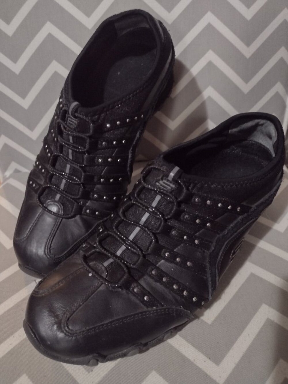 Black Slip On Sketchers Sneakers with Silver Rhinestone Details